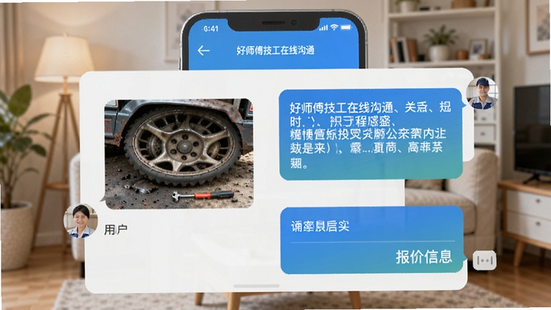 好师傅技工在线沟通界面,画面展示手机聊天窗口,左侧为用户发送的故障照片,右侧为师傅回复的文字与报价信息,背景为柔和的家居环境虚化,突出沟通便捷与专业感