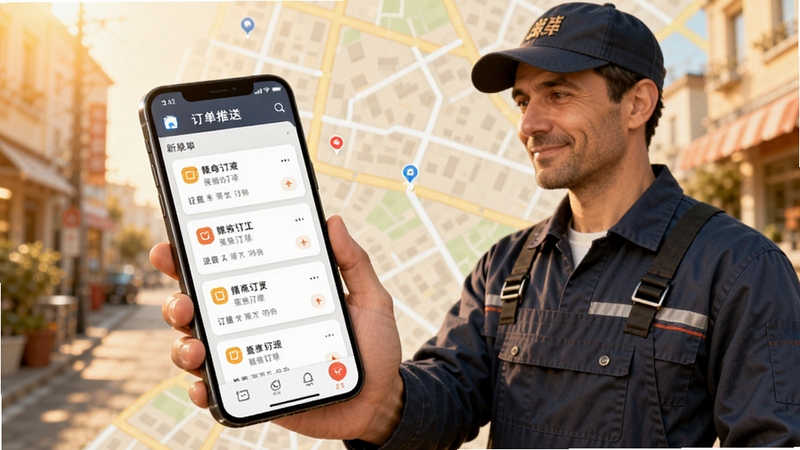 好师傅技工App订单推送界面,画面主体为一位穿着工装的技工师傅手持手机查看附近订单列表,手机屏幕上显示多个订单卡片,背景为城市街区地图,色调温暖明亮,体现便捷接单场景