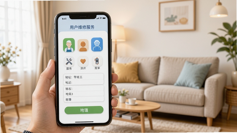 好师傅技工用户发布维修需求界面,画面展示手机屏幕内服务分类图标和地址填写框,背景为居家客厅环境,色调明亮舒适,突出便捷发布需求的操作流程