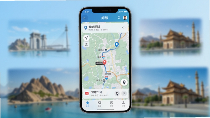 问旅应用主界面展示,画面中央为手机屏幕内显示问旅App的智能路线规划地图,背景为浅蓝色渐变与目的地风景虚化元素,整体风格现代简洁,突出智慧出行主题