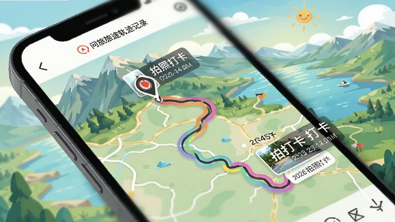 问旅旅途轨迹记录界面,手机屏幕显示一条蜿蜒的彩色轨迹线覆盖在地图上,轨迹旁标注有拍照打卡点与时间戳,背景为山川湖海风景插画,整体氛围轻松愉悦