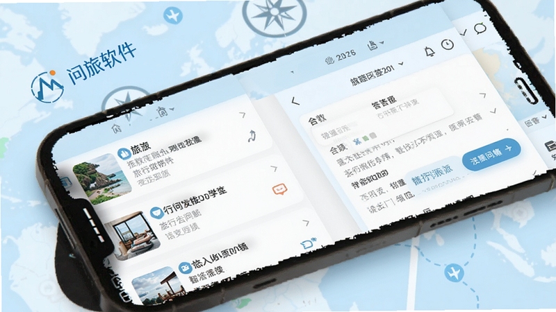 问旅应用界面展示智能问答社区功能场景,手机屏幕中显示旅行问答列表与回答详情,背景为淡蓝色旅行地图元素,整体风格清新简洁,突出问旅软件名称与问答交互细节