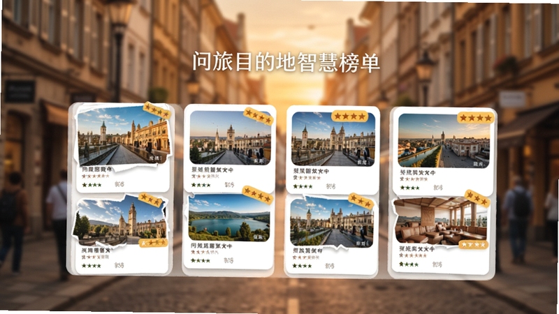 问旅目的地智慧榜单页面展示,手机屏幕中呈现分类榜单卡片,包含景点图片与评分标签,背景为旅行摄影风格的城市街景虚化,整体色调温暖,突出问旅榜单推荐功能