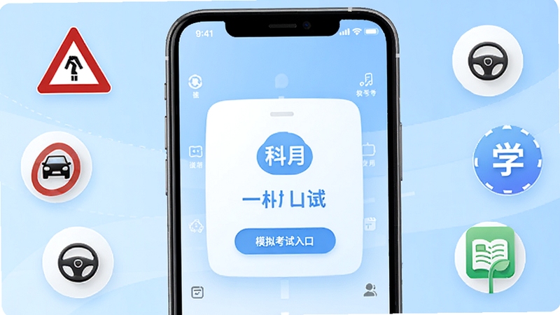 驾考模拟题库软件主界面展示,手机屏幕中央显示科目一模拟考试入口,背景为淡蓝色渐变,周围环绕交通标志与学习图标,整体风格清新简洁,适合驾考学习类应用推广图