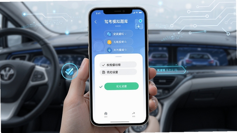驾考模拟题库移动端安装与权限设置操作示意图,手机界面展示权限开启步骤,背景为浅色科技风格,突出安装避坑与优化设置