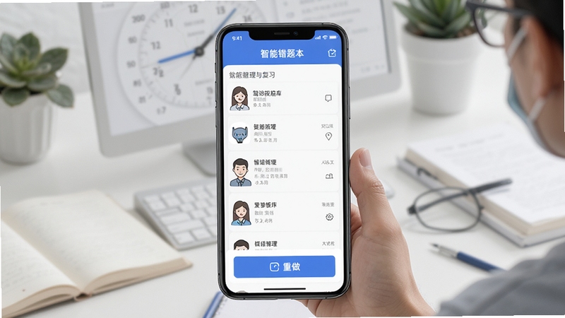 驾考模拟题库智能错题本界面预览图,手机屏幕展示错题列表与重做按钮,背景为浅灰色学习场景,突出错题整理与复习功能