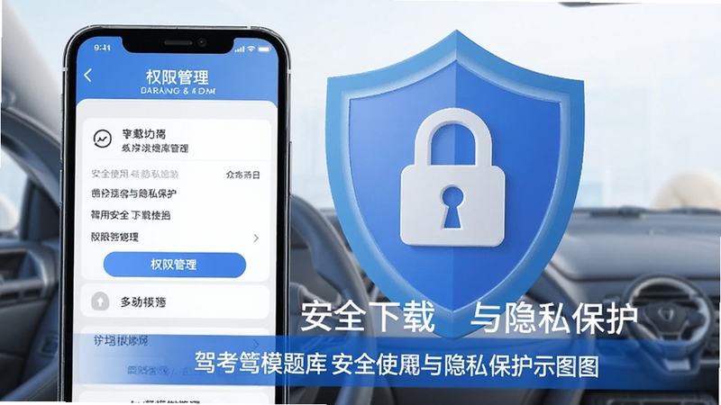 驾考模拟题库安全使用与隐私保护示意图,手机屏幕展示权限管理界面,背景为蓝色盾牌与锁形图标,突出安全下载与隐私保护主题