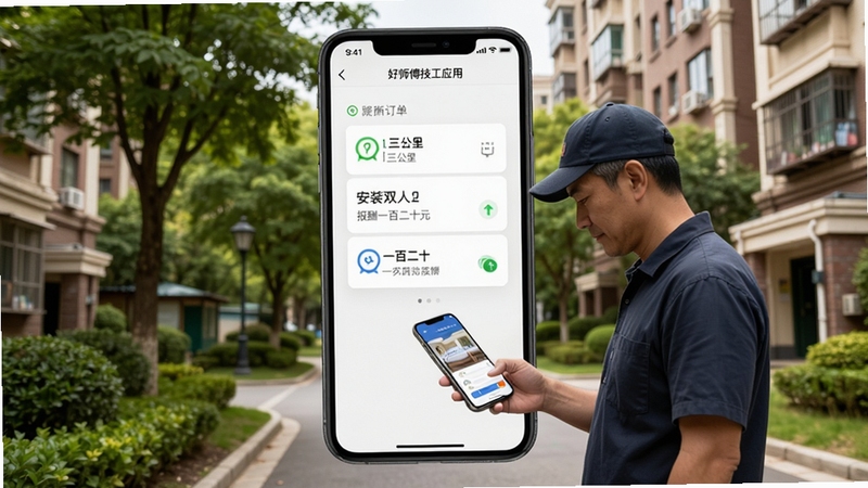 好师傅技工应用中的订单推送界面展示,手机屏幕弹出附近新订单卡片,显示距离三公里、安装双人床、报酬一百二十元等字样,一位师傅站在小区楼下低头查看手机,周围有绿树和居民楼,画面生活化真实,突出订单推送功能