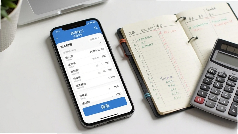 好师傅技工应用钱包页面截图风格展示,手机屏幕显示收入明细列表和提现按钮,旁边放着一本记账本和计算器,背景是整洁的桌面,体现收入管理功能
