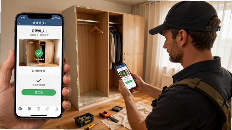 技工师傅在客户家中安装家具时使用好师傅技工应用拍照上传施工进度,手机屏幕显示照片上传成功界面,师傅身后是半安装的衣柜和工具散落地面,室内光线温暖,体现服务留档功能