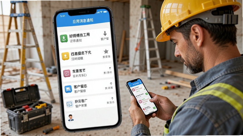 好师傅技工应用消息通知界面,手机屏幕显示多条订单提醒和客户留言,一位师傅戴着安全帽在施工现场低头查看手机,背景有梯子和工具箱,体现即时提醒功能