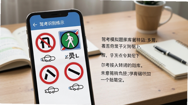 驾考模拟题库内页展示交通标志识别练习界面,画面中手机屏幕清晰呈现禁止掉头、注意行人、限速标志等常见交通图标,旁边配以文字解析说明,背景为简洁的书桌场景,营造专注学习氛围。