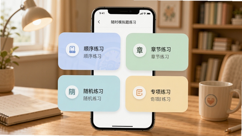 驾考模拟题库练习模式选择界面,手机屏幕以卡片形式展示顺序练习、章节练习、随机练习、专项练习四个入口,配色柔和,背景为温馨的居家学习环境,体现随时随地刷题的便捷性。