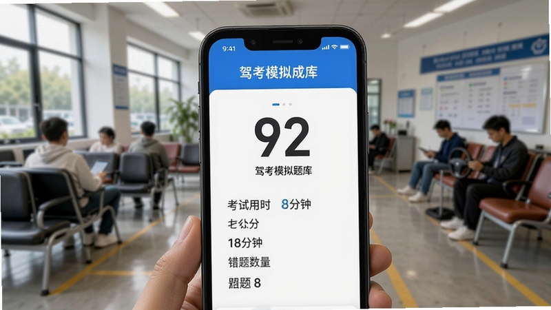 驾考模拟题库模拟考试成绩单页面,手机屏幕显示得分92分、考试用时18分钟、错题数量8道等信息,界面设计简洁直观,背景为驾校候考区场景,突出考试模拟的真实感。