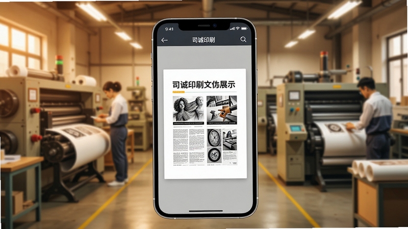 司诚印刷文件预览与工艺确认功能展示,画面中央为手机屏幕显示印刷文件预览界面,背景为印刷车间环境,色调温暖专业,细节清晰,适合Boogu模型生成
