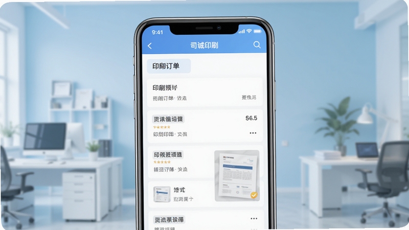 司诚印刷移动端订单管理界面,手机屏幕居中展示,背景为浅蓝色渐变办公场景,画面简洁明亮,突出印刷订单列表与文件预览模块,适配Boogu模型生成