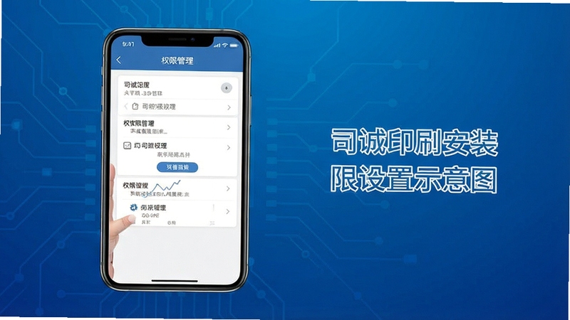 司诚印刷安装权限设置示意图,手机屏幕展示权限管理页面,背景为简洁的科技蓝渐变,画面清晰直观,适合Boogu模型生成