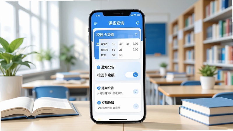 整体展现校园随身行应用核心界面,画面主体为一部竖屏智能手机位于正中央,屏幕内清晰显示课表查询、校园卡余额、通知公告等模块的UI布局,背景区域设定为明亮教室或图书馆,点缀书本与绿植元素,风格清新现代,色彩以蓝白为主色调,适配Boogu模型生成。