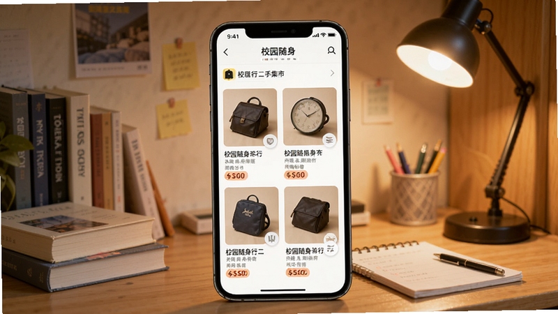 生成一张校园随身行二手集市界面的图片,画面主体为手机屏幕展示商品列表,背景为大学宿舍桌面,摆放着书籍和台灯,画面温馨,细节包括商品缩略图和价格标签,风格简约实用。