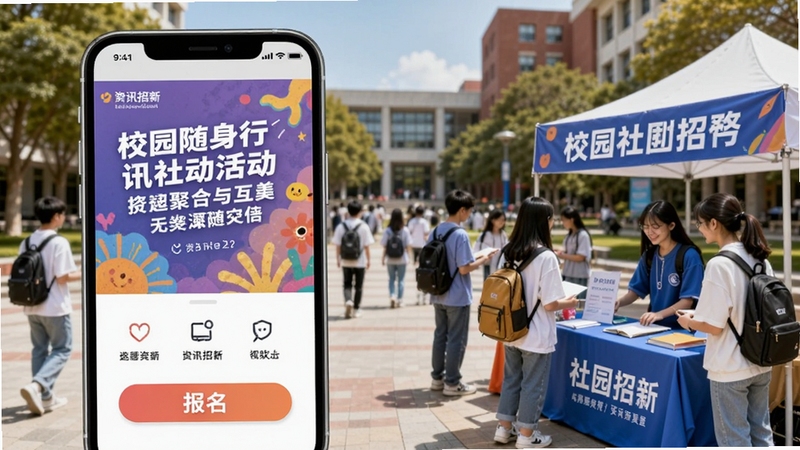 生成一张校园随身行资讯活动页面的图片,画面主体为手机屏幕显示活动海报和报名按钮,背景为校园广场,有学生社团招新场景,画面色彩丰富,充满青春活力,突出资讯聚合与互动功能。