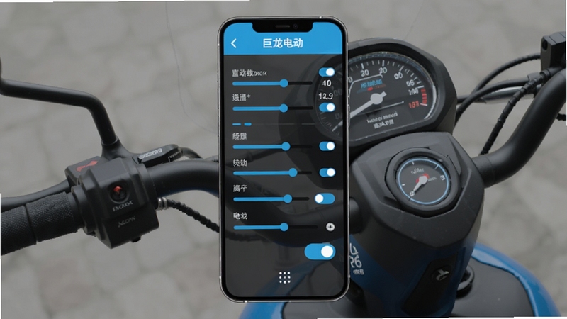 巨龙电动个性化骑行设置界面图,手机屏幕展示多个滑动条与开关按钮,背景为电动车把手与仪表盘的半透明叠加效果,色调以深灰与亮蓝为主,体现自定义调节的科技氛围