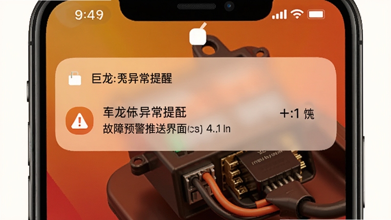 巨龙电动故障预警推送界面图,手机锁屏通知样式展示一条车辆异常提醒,背景为电动车内部控制器与线路的抽象示意图,色调偏暖橙警示色,突出安全预警主题