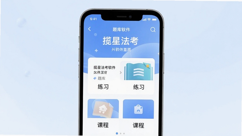 揽星法考软件首页界面截图,手机屏幕居中显示题库练习与课程入口,背景为浅蓝色渐变,画面干净整洁,突出学习氛围