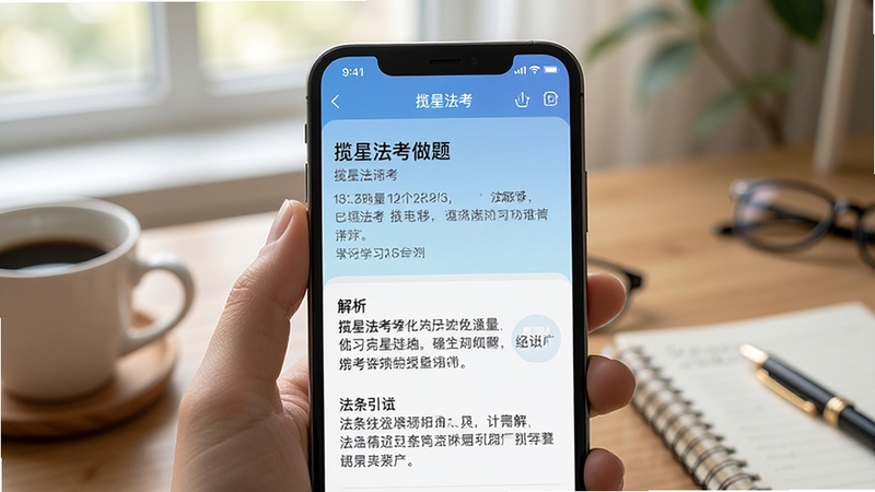 手机屏幕显示揽星法考做题界面,题目文字清晰,下方有详细解析和法条引用,界面配色柔和,学习氛围浓厚
