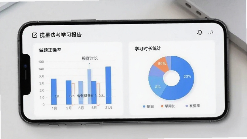 揽星法考学习报告页面,手机屏幕显示柱状图和饼图,展示做题正确率和学习时长统计,界面简洁现代