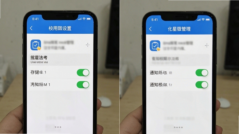 揽星法考安装权限设置示意图,手机屏幕显示应用权限管理页面,存储和通知权限开关处于开启状态