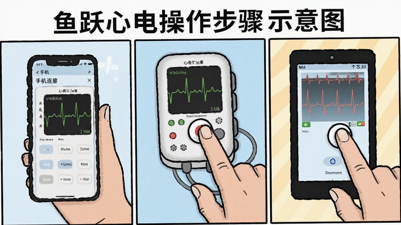鱼跃心电操作步骤示意图,展示手机连接心电记录仪、手指接触电极片、屏幕显示波形三个步骤,画面采用分格漫画风格,清晰易懂