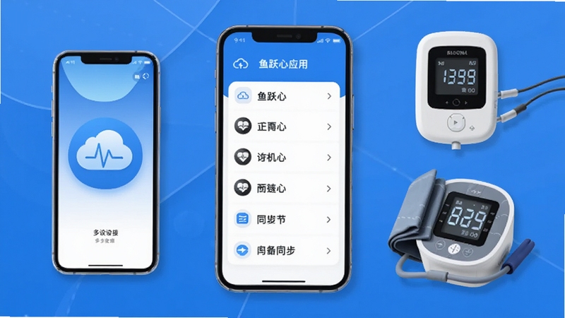 鱼跃心电应用界面展示多设备连接列表与云端同步图标,画面中有手机、心电记录仪、血压计等设备围绕手机排列,整体采用蓝白配色,科技简约风格