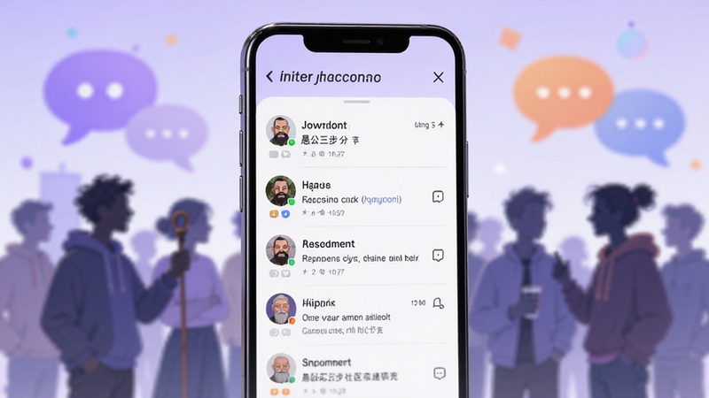 愚公三步 社区交流界面,手机屏幕显示用户帖子列表和评论区,背景为浅紫色渐变,画面主体为手机界面展示,背景区域为模糊的人群剪影和对话气泡,风格活跃友好
