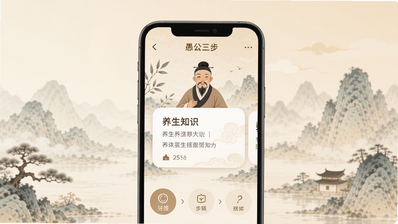 愚公三步 软件主界面展示,手机屏幕中央呈现养生知识卡片和步骤导航栏,背景为柔和的中式山水插画风格,画面主体位于中央偏上区域,背景区域为浅米色渐变,整体色调温暖宁静,适配Boogu模型生成