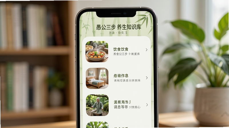 愚公三步 养生知识库界面,手机屏幕展示分类清晰的图文列表,包含饮食、作息、调息等标签,背景为淡雅的竹绿色调,画面主体为手机界面特写,背景区域为模糊的书架和绿植元素,风格清新自然