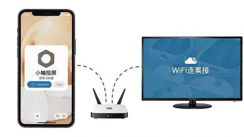 �ֻ�����Ӵ���ͬһWiFi�����µ�ʾ��ͼ���������ֻ���Ļ��ʾС��Ͷ�������豸���棬������Ļ��ʾ�ȴ�����״̬��·����λ������֮�䣬�����߱�ʾ�źŴ���·���������������ˣ��ʺ���Ϊ�̳���ͼ