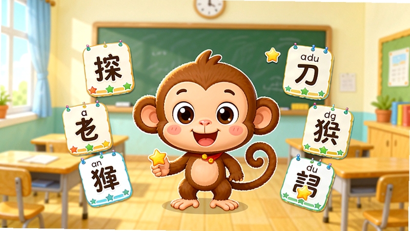 ̽С��ʶ�����������棬һֻ�ɰ��Ŀ�ͨС��վ����Ļ���룬��Χ�����ź��ֿ�Ƭ��ƴ����ĸ�����ǽ���ͼ�꣬�����������Ľ��ҳ�����ɫ�����޻��ã��ʺ϶�ͯ������������ͼ������������У������������