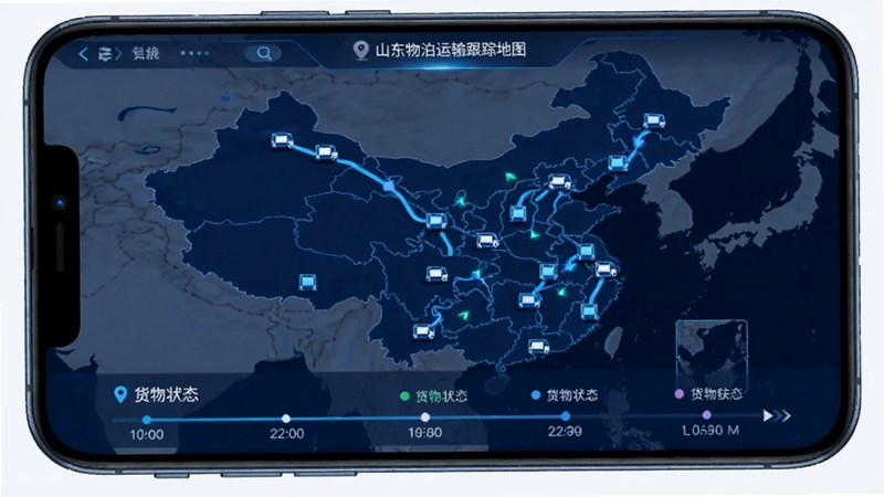 山东物泊运输跟踪地图界面,手机屏幕显示中国地图,地图上有多个移动的车辆图标和运输路线轨迹,屏幕下方显示货物状态时间轴,整体色调为深蓝色科技风,突出实时定位与轨迹追踪功能