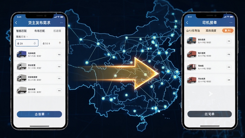 山东物泊智能匹配功能示意图,画面左侧为货主发布需求界面,右侧为司机接单界面,中间用发光箭头连接,背景为数字化物流网络拓扑图,突出智能匹配与高效调度的概念