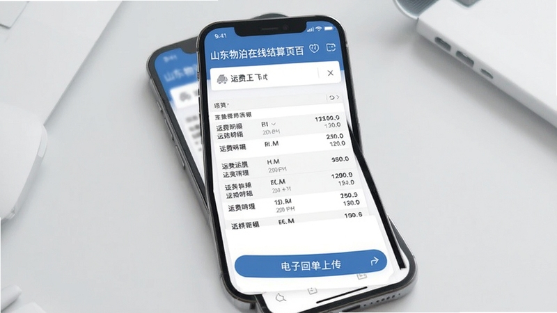 山东物泊在线结算页面展示,手机屏幕显示运费明细列表和电子回单上传按钮,界面简洁清晰,背景为淡灰色商务风格,突出财务管理的便捷性与专业性