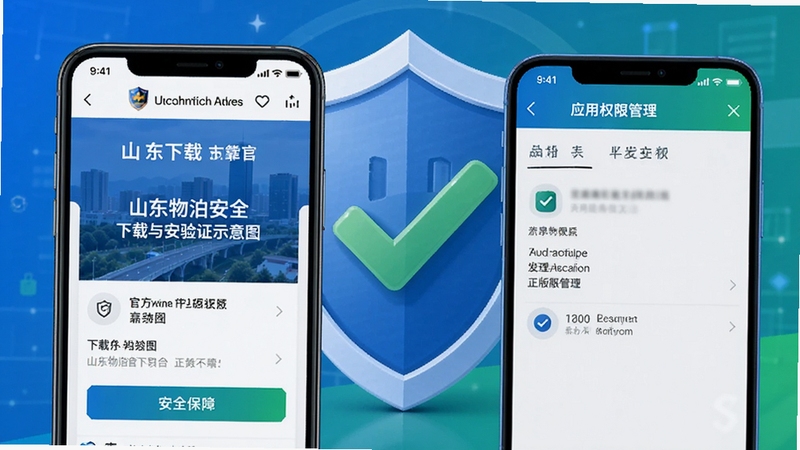 山东物泊安全下载与安装验证示意图,手机屏幕显示官方下载页面和应用权限管理界面,背景为盾牌与对勾符号,色调为蓝色与绿色,突出安全可靠与正版保障的概念