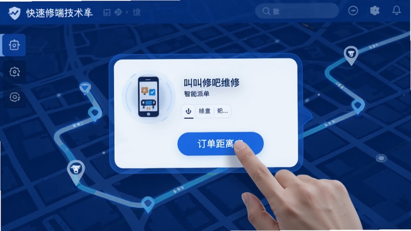 叫我修吧技术端智能派单界面,画面中间展示一张订单卡片,卡片上有手机维修图标和距离标签,一只手正点击抢单按钮,背景为城市地图路线图,色调以蓝白为主,突出快速响应的科技感