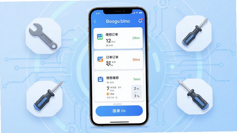 叫我修吧技术端手机应用主界面展示,画面中心是一部竖屏智能手机,屏幕上显示维修订单列表与接单按钮,背景为浅蓝色科技感渐变,周围点缀维修工具图标如扳手、螺丝刀,整体风格简洁专业,适合Boogu模型生成