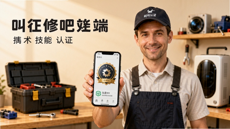 叫我修吧技术端技能认证页面,画面中一位维修师傅手持手机展示认证徽章,背景为维修店铺场景,有工具箱和待修设备,色调温暖,体现专业与信任感