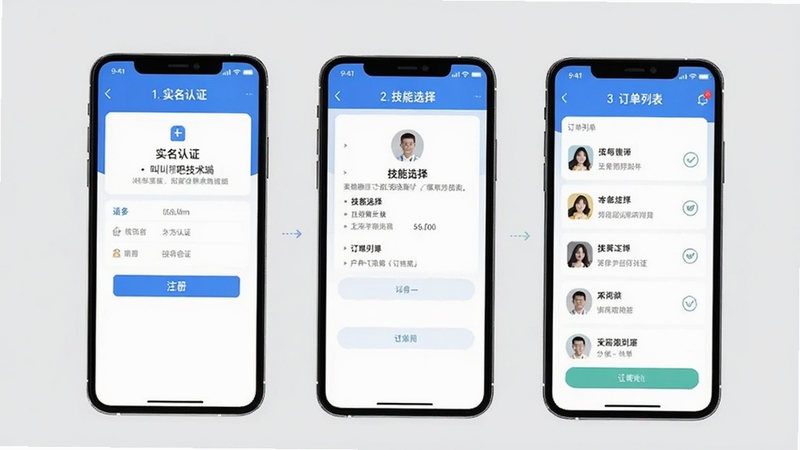 叫我修吧技术端注册接单流程图,画面展示手机屏幕从注册到接单的步骤界面,包含实名认证、技能选择、订单列表三个画面,背景为浅灰色,风格简洁清晰