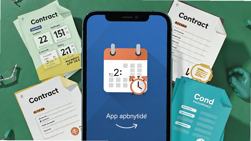 记合同App提醒设置界面,手机屏幕显示日历与闹钟图标,周围有合同文档元素,明亮色调,扁平化设计风格,突出时间管理概念