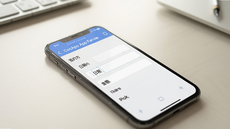 记合同App合同录入界面截图,手机屏幕显示表单填写页面,包含签约方、日期、金额等字段,背景为浅色办公桌面,自然光照射,画面简洁清晰