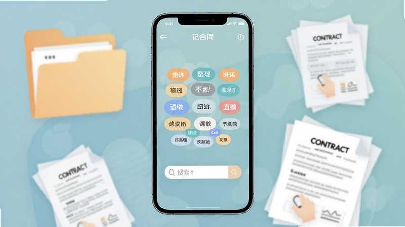 记合同App分类检索界面,手机屏幕展示标签云与搜索框,背景有文件夹和合同纸张抽象图形,色彩柔和,体现整理归纳感