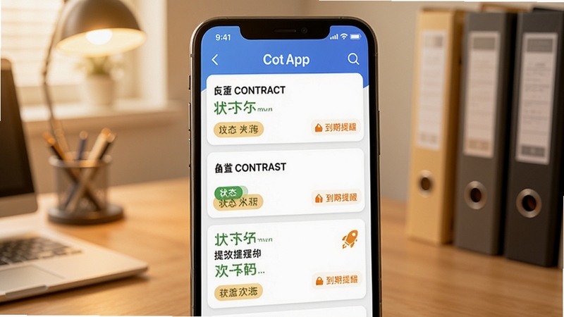 记合同App合同列表页面截图,手机屏幕显示多条合同卡片,包含状态标签与到期提醒图标,背景为办公桌与文件夹,暖色调,界面清爽