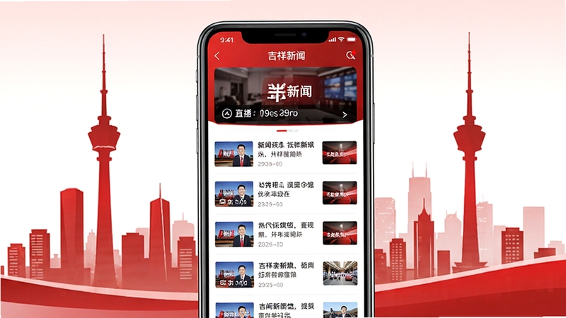 吉祥新闻APP主界面展示,画面中央为手机屏幕,屏幕内显示新闻资讯列表与顶部直播入口,背景为长春城市天际线与电视塔剪影,整体色调以红色和白色为主,简洁大气,突出官方新闻客户端定位